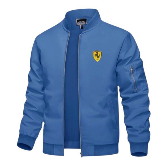 Men's Ferrari Car Logo Embroidered Light Weight Bomber Jacket -Blue